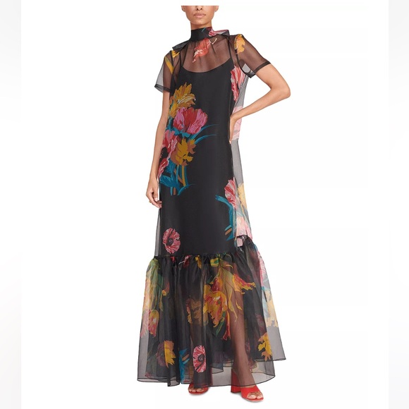 STAUD CALLUNA DRESS first bloom night black floral maxi sheer gown size S - Picture 1 of 10